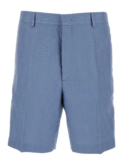 FENDI FENDI MEN BLUE SHORTS WITH ALL-OVER FF JACQUARD IN LINEN BLEND MAN