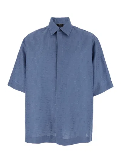 FENDI FENDI MEN BLUE SHIRT WITH POINTED COLLAR AND ALL-OVER FF MOTIF IN LINEN BLEND MAN