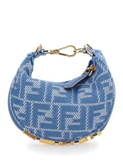 FENDI FENDI 'NANO FENDIGRAPHY' BLUE MINI BAG WITH LOGO LETTERING AND ALL-OVER FF MOTIF IN DENIM WOMAN