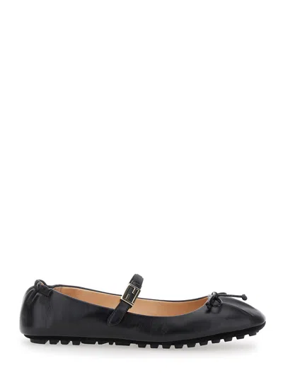 FENDI FENDI WOMEN BLACK BALLERINAS WITH CURLED HEEL AND FF LOGO PLAQUE ON THE STRAP IN LEATHER WOMAN