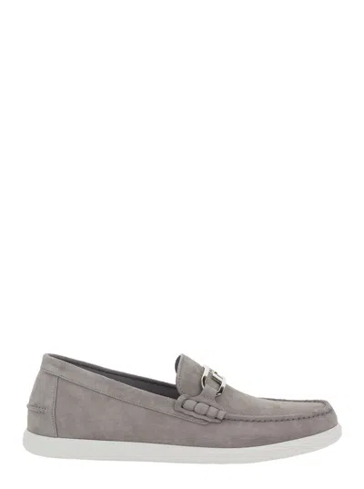 FENDI FENDI MEN GREY LOAFERS WITH FF METAL BUCKLE AND CONTRASTING SOLE IN SUEDE MAN