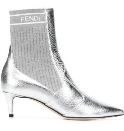 FENDI FENDI ROCKOKO SILVER SCUBA STRETCH FF LOGO KNIT SOCK ANKLE KITTEN HEEL BOOT 37.5