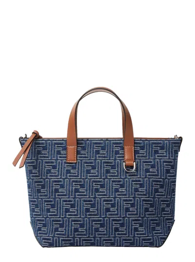 FENDI FENDI MEN BLUE SHOPPER WITH TOP HANDLES AND ALL-OVER FF MOTIF IN COTTON MAN