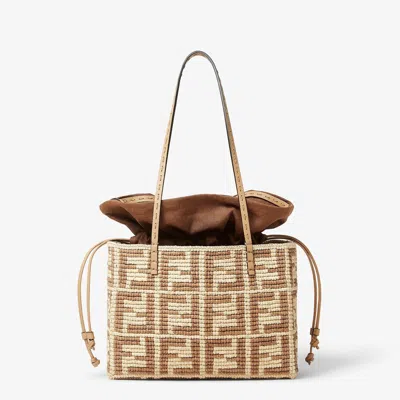 FENDI FENDI  SMALL CROCHET RAFFIA SHOPPING BAG FF BEIGE