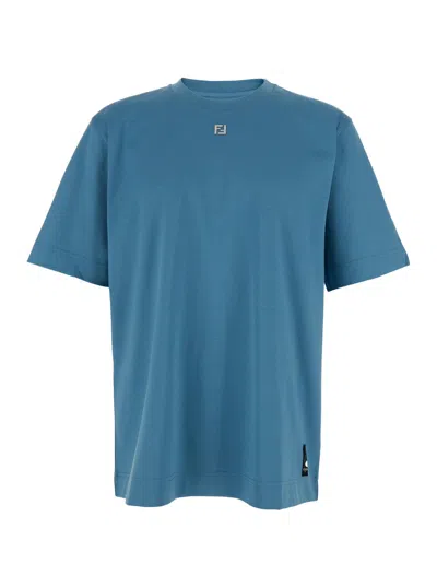 FENDI FENDI MEN BLUE CREW NECK T-SHIRT WITH METALLIC LOGO ON THE FRONT IN COTTON MAN