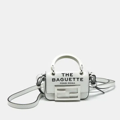 FENDI WHITE LEATHER NANO BAGUETTE CROSSBODY BAG CHARM