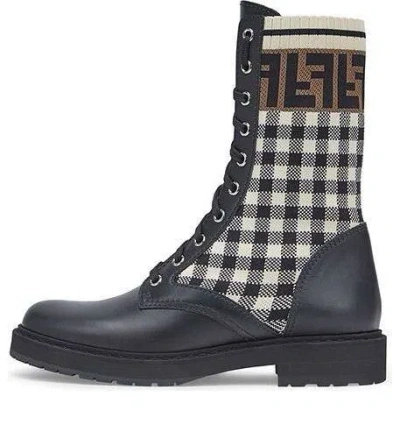 FENDI (WMNS) FENDI Black leather biker boots with stretch fabric 'Black White'