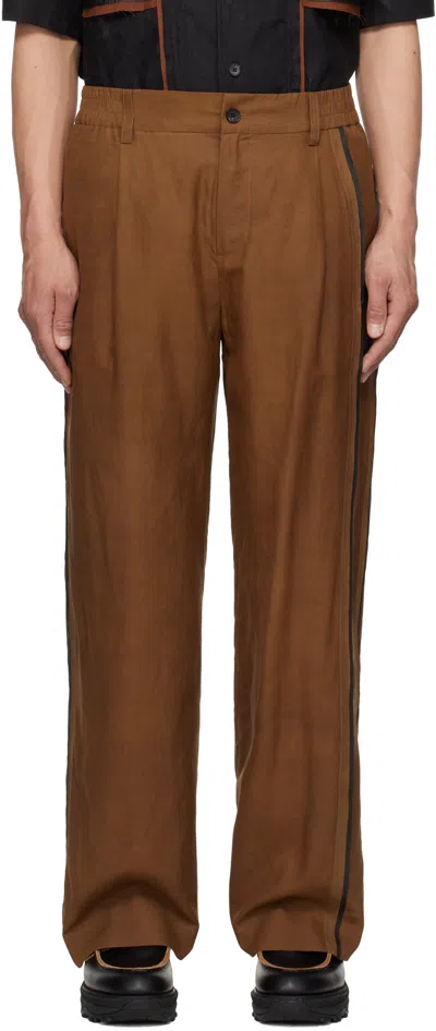 FENG CHEN WANG BROWN GAMBIERED SILK TROUSERS