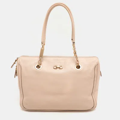 FERRAGAMO BEIGE LEATHER DOUBLE GANCIO BAG