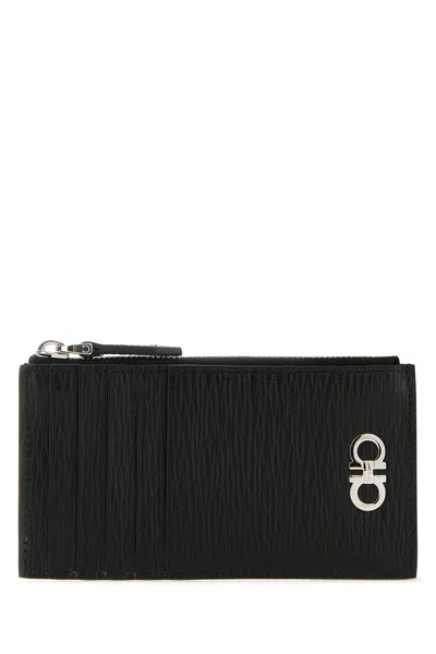 FERRAGAMO BLACK LEATHER GANCINI CARD HOLDER