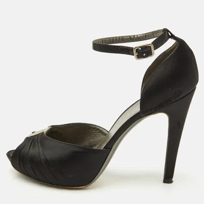 FERRAGAMO BLACK SATIN ANKLE STRAP PLATFORM SANDALS SIZE 39.5