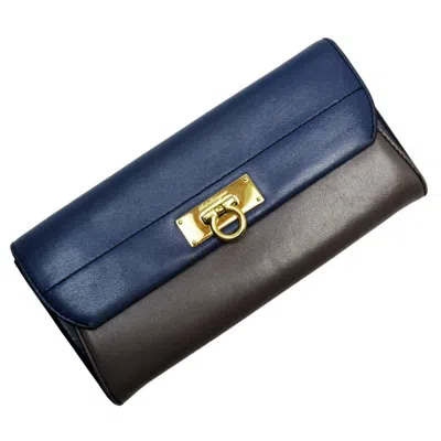 FERRAGAMO BLUE NAVY LEATHER LONG WALLET (BI-FOLD) (PRE-OWNED)