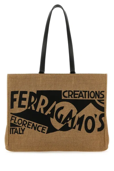 FERRAGAMO CAMEL RAFFIA LARGE TT SIGN SHOPPING BAG