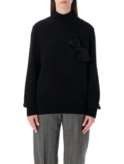 FERRAGAMO FERRAGAMO FERRAGAMO BLACK CASHMERE-BLEND SWEATER WITH FLORAL APPLIQUÉS
