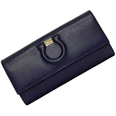 FERRAGAMO GANCINI BLUE NAVY LEATHER LONG WALLET (BI-FOLD) (PRE-OWNED)