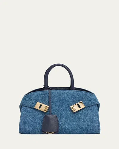 FERRAGAMO HUGH WASHED DENIM TOP-HANDLE BAG