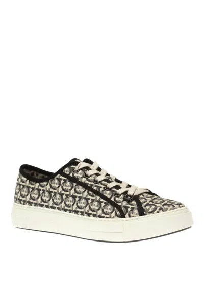 FERRAGAMO MEN'S ANSON GANCINI JACQUARD SNEAKERS IN BEIGE-BLACK