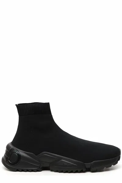 FERRAGAMO MEN'S LOGO EMBOSSED SOCK SNEAKERS IN BLACK