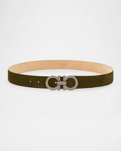 FERRAGAMO MEN'S SUEDE GANCINI-BUCKLE BELT