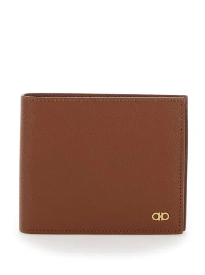 FERRAGAMO 'MICRO GANCINI' BROWN BI FOLD WALLET WITH LOGO