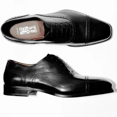 FERRAGAMO FERRAGAMO PIZZARRO TRAMEZZA BLACK LEATHER CAP TOE OXFORD MEN'S DRESS SHOES