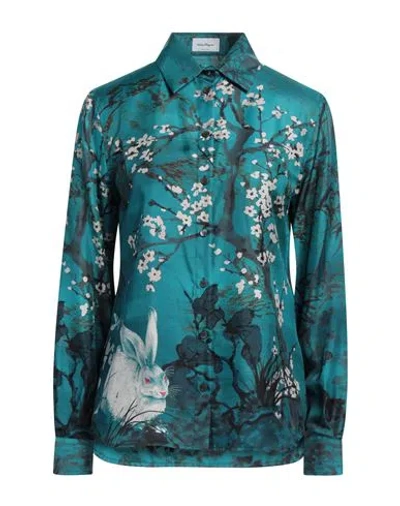 FERRAGAMO FERRAGAMO WOMAN SHIRT DEEP TEAL SIZE 4 SILK