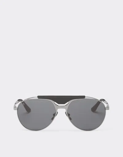 FERRARI FERRARI FERRARI SUNGLASSES IN GUNMETAL GREY METAL AND LEATHER WITH BLUE LENSES