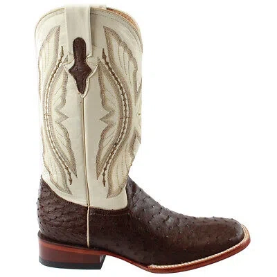 FERRINI FERRINI FULL QUILL OSTRICH SQUARE TOE COWBOY MENS BROWN, WHITE CASUAL BOOTS 101
