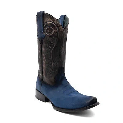 FERRINI FERRINI MENS ROUGHRIDER D-TOE ELECTRIC BLUE LEATHER COWBOY BOOTS