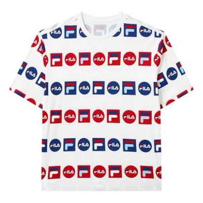 FILA FILA Logo Full Print Sports Loose Round Neck Short Sleeve White