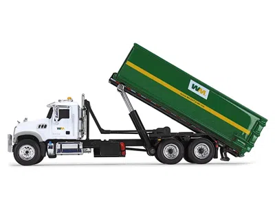 FIRST GEAR MACK GRANITE MP REFUSE GARBAGE TRUCK WITH TUB-STYLE ROLL-OFF CONTAINER "WASTE MANAGEMENT" WHITE AND 