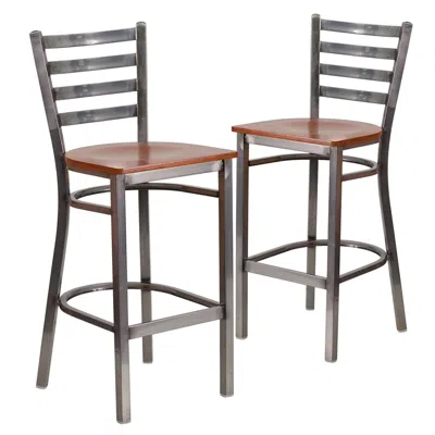 FLASH FURNITURE 2 PK. CLEAR COATED LADDER BACK METAL RESTAURANT BARSTOOL - CHERRY WOOD SEAT