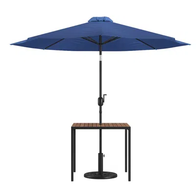 FLASH FURNITURE 3 PIECE PATIO TABLE SET - 35" PATIO TABLE WITH NAVY UMBRELLA AND BASE