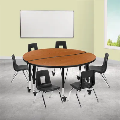 FLASH FURNITURE 47.5 IN. MOBILE CIRCLE WAVE FLEXIBLE LAMINATE ACTIVITY TABLE SET WITH 12 IN. STUDENT STACK CHAIRS OA
