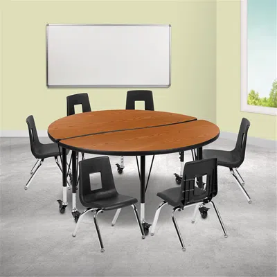 FLASH FURNITURE 47.5 IN. MOBILE CIRCLE WAVE FLEXIBLE LAMINATE ACTIVITY TABLE SET WITH 14 IN. STUDENT STACK CHAIRS OA