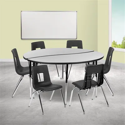 FLASH FURNITURE 60 IN. CIRCLE WAVE FLEXIBLE LAMINATE ACTIVITY TABLE SET WITH 16 IN. STUDENT STACK CHAIRS GREY & BLAC