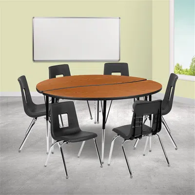 FLASH FURNITURE 60 IN. CIRCLE WAVE FLEXIBLE LAMINATE ACTIVITY TABLE SET WITH 16 IN. STUDENT STACK CHAIRS OAK & BLACK