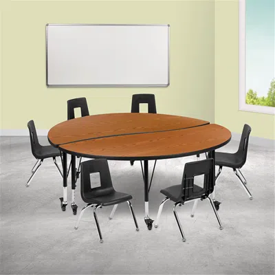 FLASH FURNITURE 60 IN. MOBILE CIRCLE WAVE FLEXIBLE LAMINATE ACTIVITY TABLE SET WITH 14 IN. STUDENT STACK CHAIRS OAK 