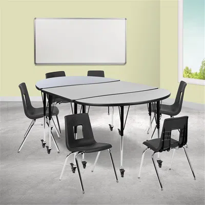 FLASH FURNITURE 76 IN. MOBILE OVAL WAVE FLEXIBLE LAMINATE ACTIVITY TABLE SET WITH 18 IN. STUDENT STACK CHAIRS GREY &