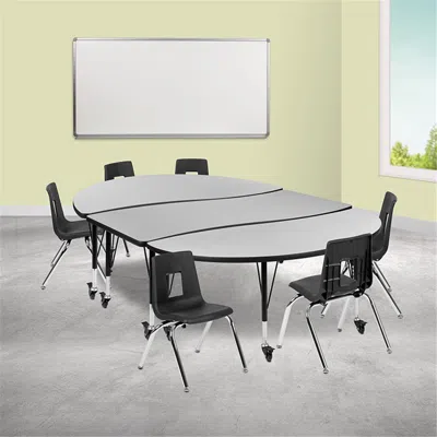 FLASH FURNITURE 86 IN. MOBILE OVAL WAVE FLEXIBLE LAMINATE ACTIVITY TABLE SET WITH 14 IN. STUDENT STACK CHAIRS GREY &