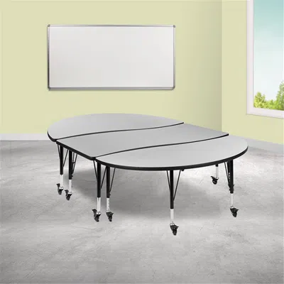 FLASH FURNITURE 86 IN. MOBILE OVAL WAVE FLEXIBLE THERMAL LAMINATE ACTIVITY TABLE SET WITH HEIGHT ADJUSTABLE SHORT LE