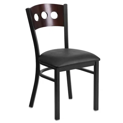 FLASH FURNITURE BLACK 3 CIRCLE BACK METAL RESTAURANT CHAIR - WALNUT WOOD BACK, BLACK VINYL SEAT