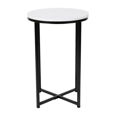 FLASH FURNITURE END TABLE - MODERN WHITE FINISH ACCENT TABLE WITH CRISSCROSS MATTE BLACK FRAME