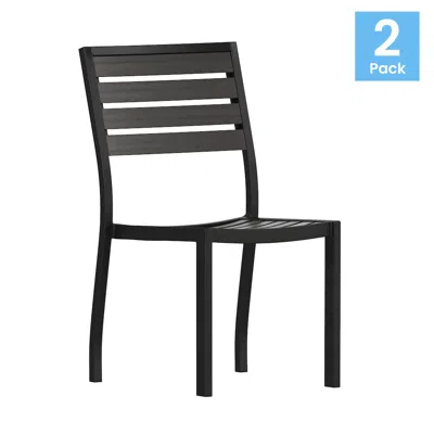 FLASH FURNITURE OUTDOOR STACKABLE SIDE CHAIR WITH GRAY WASH FAUX TEAK POLY SLATS, SET OF 2