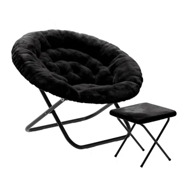 FLASH FURNITURE OVERSIZED FOLDING SAUCER CHAIR WITH OTTOMAN, BLACK FABRIC/BLACK FRAME