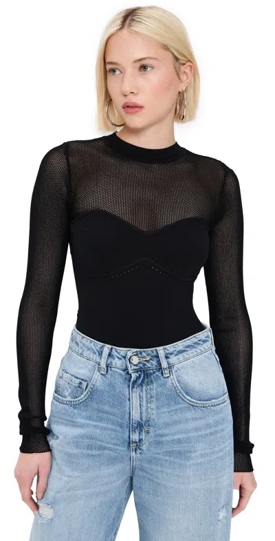 FLEUR DU MAL KNIT LONG SLEEVE CUPPED THONG BODYSUIT BLACK