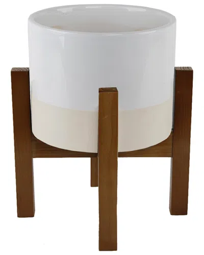 FLORA BUNDA FLORA BUNDA 8IN LARGE TWO-TONE POT ON WOOD STAND
