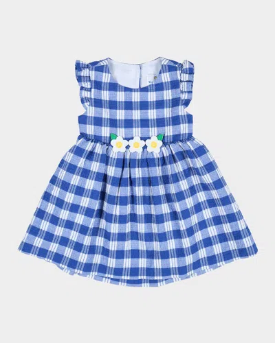 FLORENCE EISEMAN GIRL'S PLAID-PRINT SEERSUCKER DRESS W/ FLORAL APPLIQUES