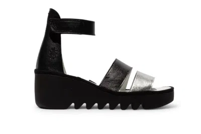 FLY LONDON FLY LONDON WOMEN'S BONO290FLY SILVER BLACK IDRA LEATHER SANDALS ESPADRILLE WEDGES
