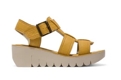 FLY LONDON FLY LONDON WOMEN'S YUDD236FLY BUMBLEBEE YELLOW LEATHER SANDALS ESPADRILLE PLATFORM WEDGES